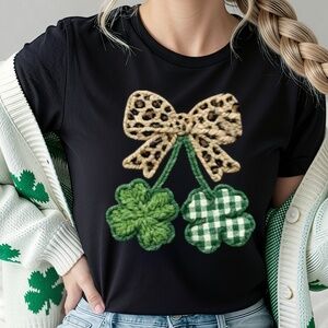 St Patrick's T-shirt Faux Embroidered  Four Leaf Clover with a Leopard Bow New